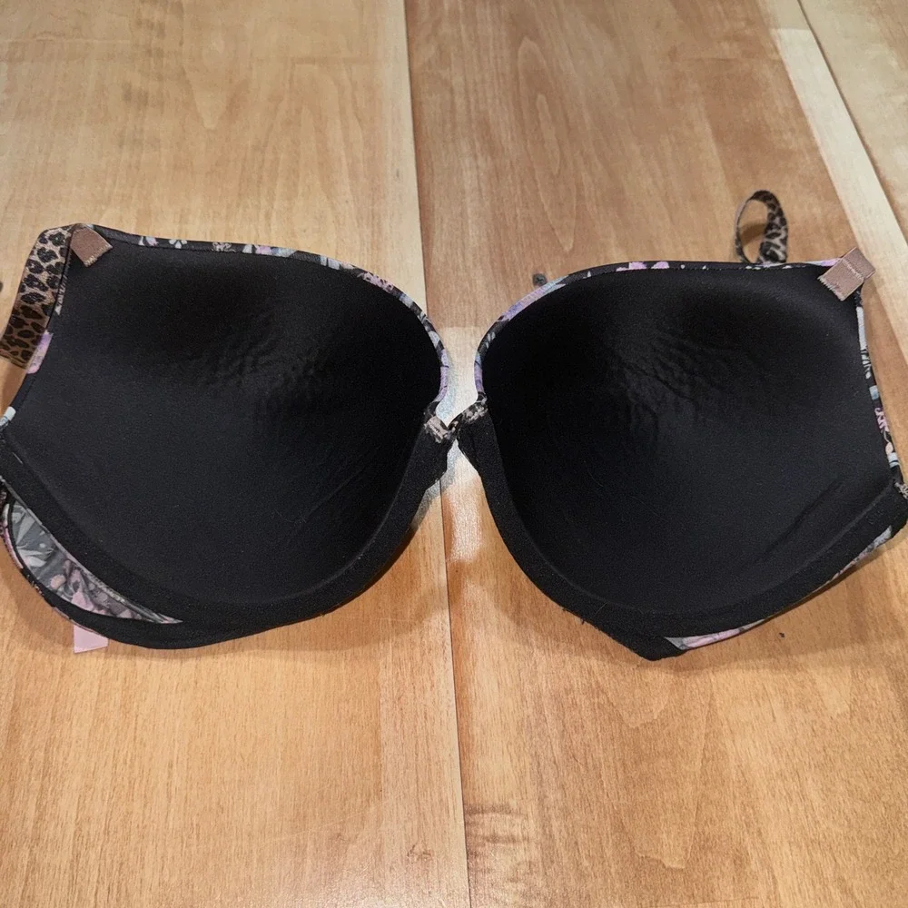 Victorias Secret 36DD Floral Leopard Print Underwire Push Up Bra Black Purple